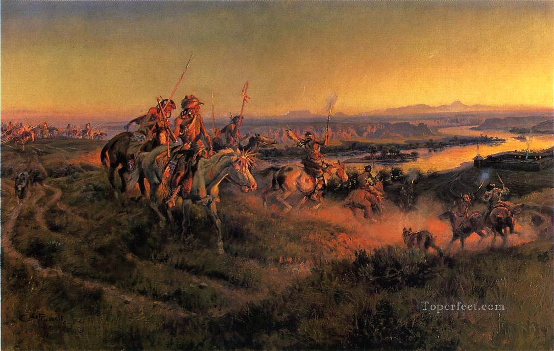 The Salute of the Robe Trade cowboy Indians western American Charles Marion Russell Oil Paintings